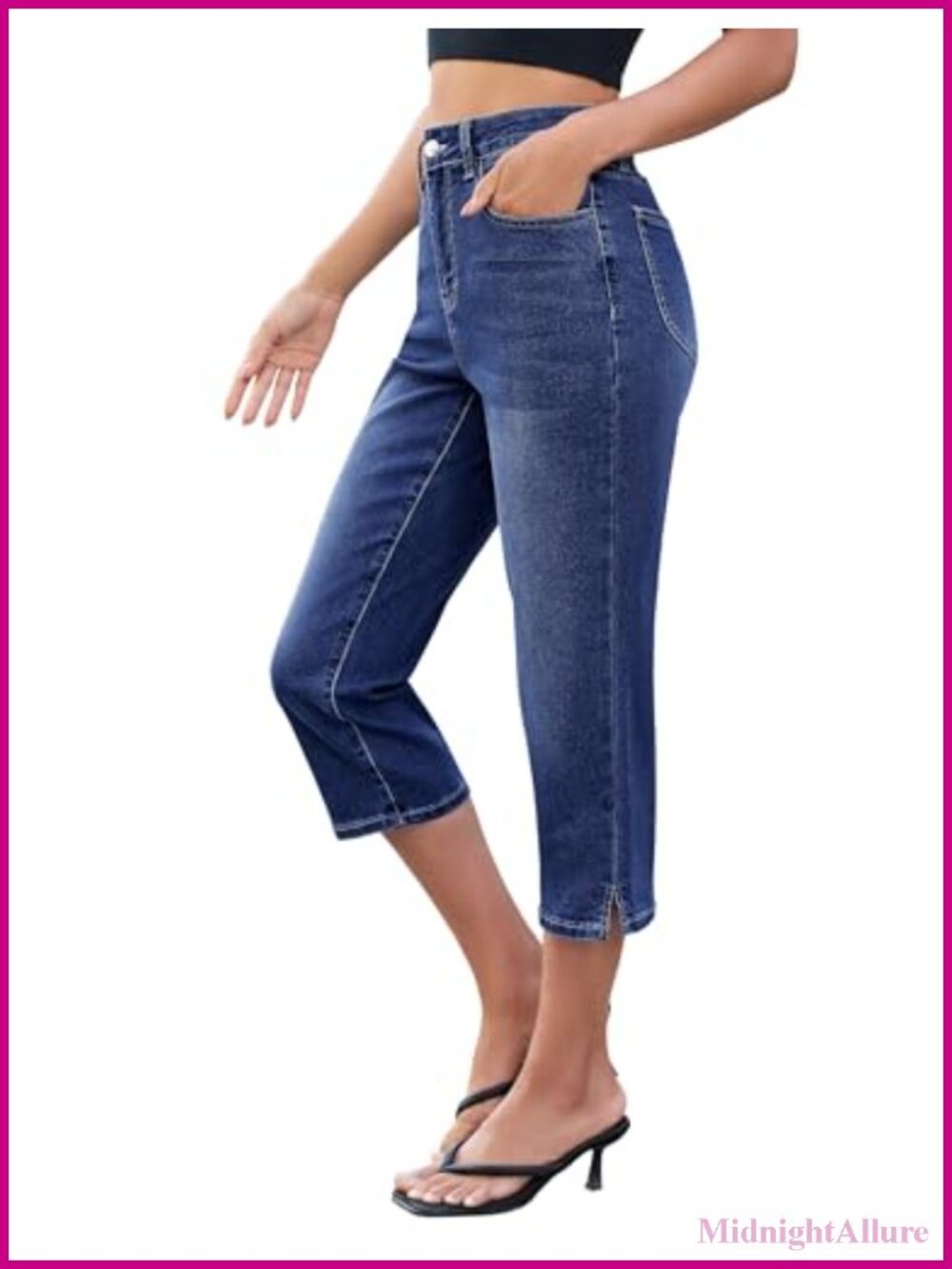High Waisted Capri Jeans Side Slit Stretch Denim Straight Leg Crop